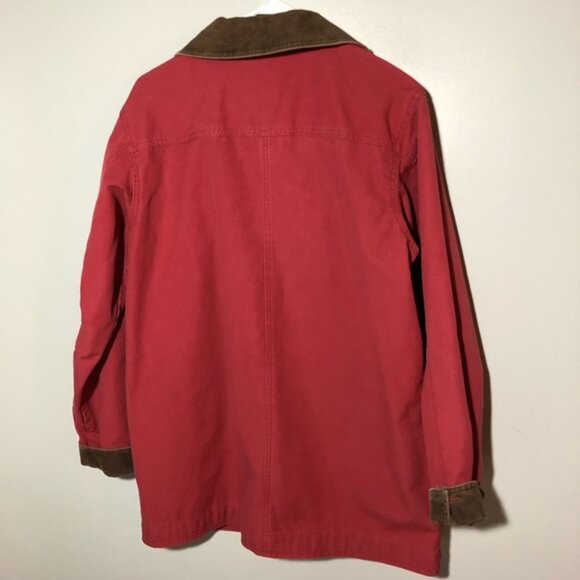 LL Bean womens red canvas chore jacket barn coat sz M corduroy collar cuffs - Picture 2 of 12